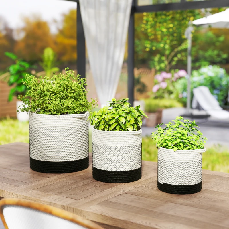 Outsunny Plant Pots Handwoven Cotton Indoor Planters with Waterproof Liner Set of 3 White
