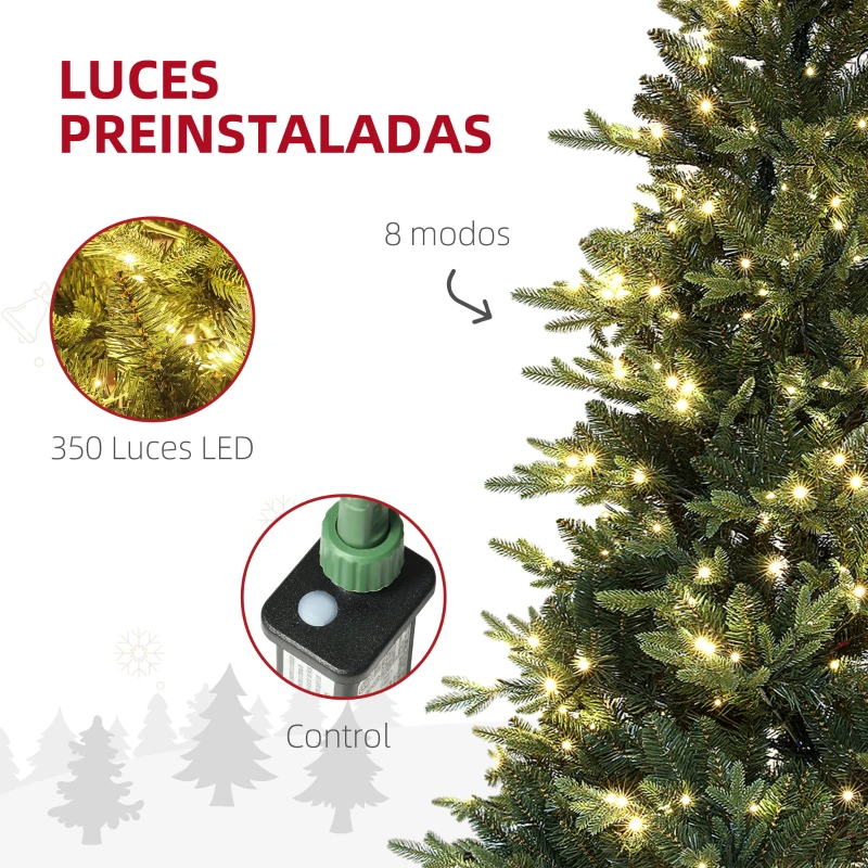 HOMCOM Árbol de Navidad Artificial 180 cm con 350 Luces LED 726 Ramas y Soporte de Acero Árbol Navideño para Interior Verde