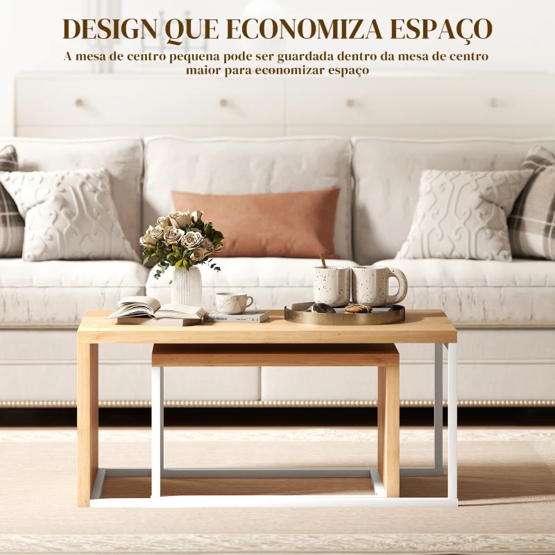 HOMCOM Conjunto de 2 Mesas de Centro com Pés de Metal Estilo Industrial 90x48x42 cm e 59x42x36 cm Branco e Madeira