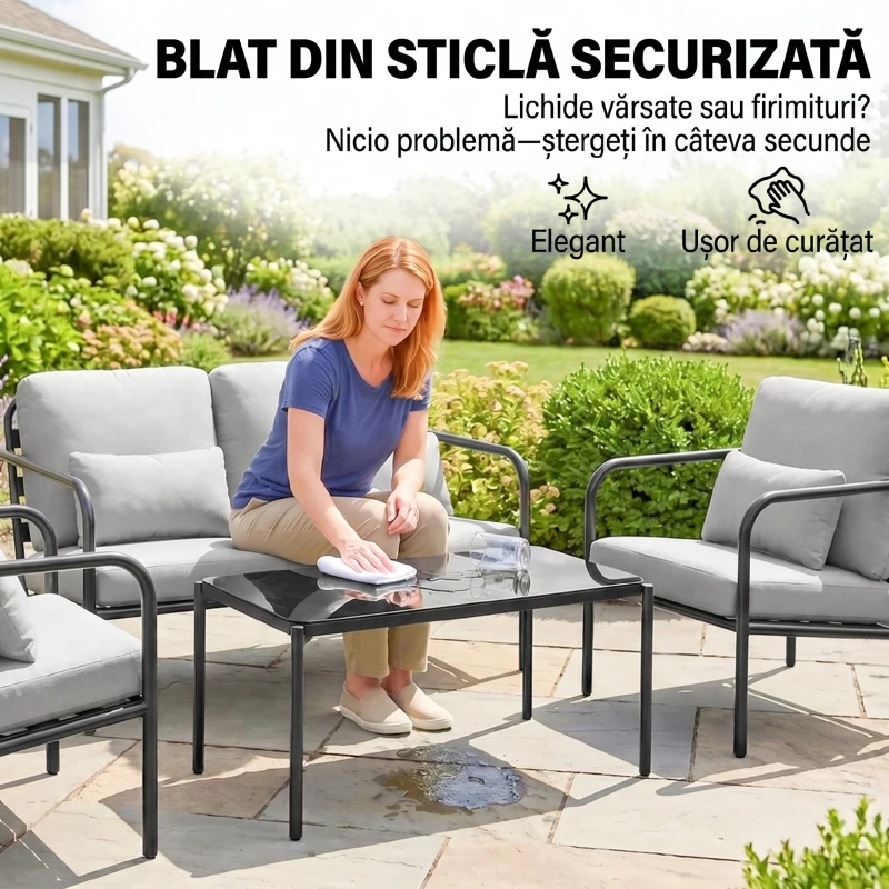 Outsunny Set de mobilier de grădină 4 piese, set de mobilier exterior din oțel, canapea 2 locuri, 2 fotolii, masă cu blat din sticlă, perne confortabile, gri deschis