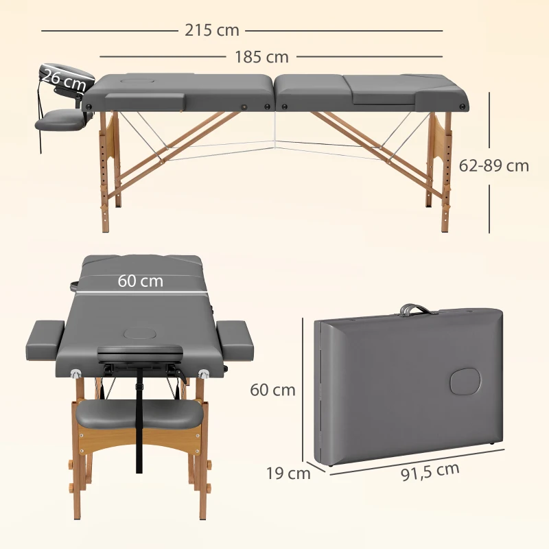 HOMCOM Table de massage pliante, lit de massage 3 zones portable 185 x 60 cm, hauteur et dossier réglables, appui-tête, gris