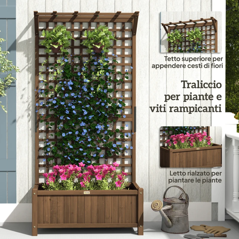 Outsunny Fioriera da Giardino con Traliccio per Piante Rampicanti in Legno di Abete, 90x45x183 cm, Marrone
