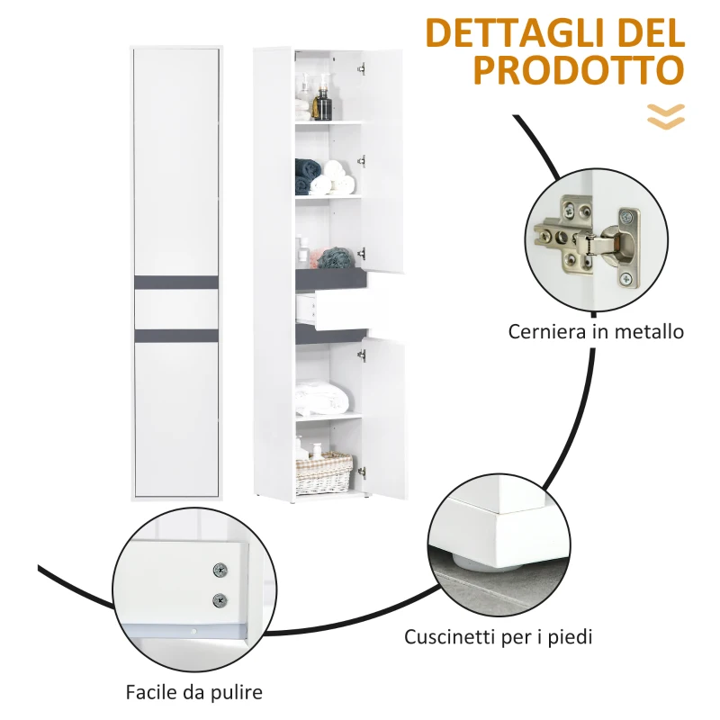 HOMCOM Colonna Bagno a 2 Armadietti con Ripiano Regolabile e Cassetto, in Truciolato, 35x31x172 cm, Bianco