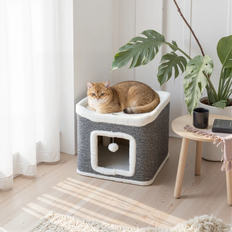 PawHut Cat House for Indoor Kittens, 2-Level Cat Cave Bed with Fluffy Balls, Top Bed, Kitten Barrel for Multi Kitties, Grey