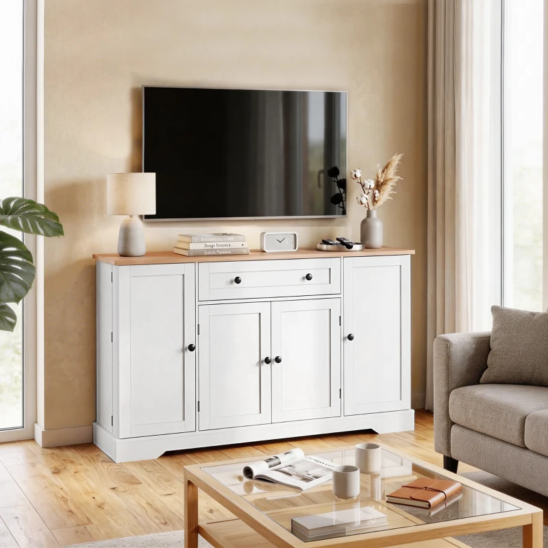 HOMCOM Aparador de Cozinha com Gaveta, Prateleiras nas Portas Prateleiras Ajustáveis Bar de Café 138x40x83,5 cm Branco