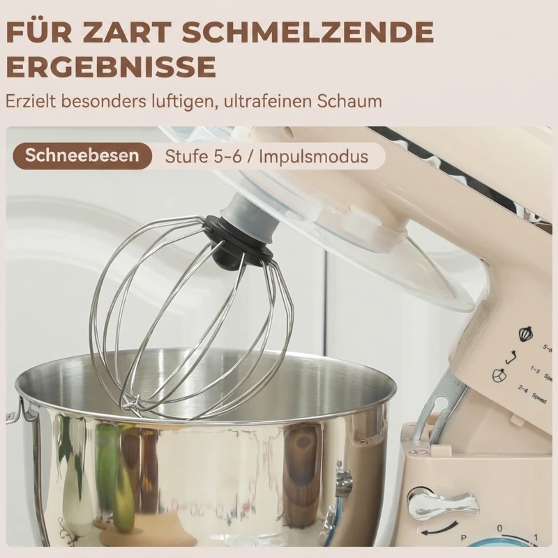 HOMCOM Keukenmachine 4,5 L met RVS-kom, 1300W, 6 snelheden + puls, beige