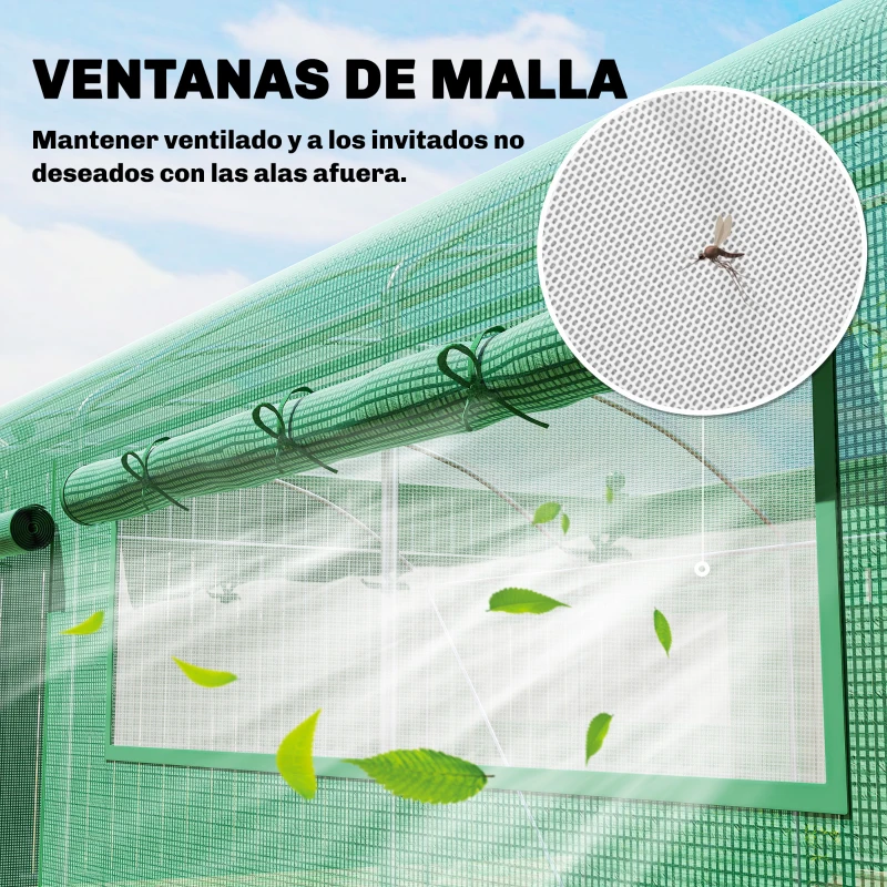 Outsunny Invernadero de Túnel 6x3x2 m con 3 Puertas Enrollables 6 Ventanas de Malla y Estructura de Acero Galvanizado Verde