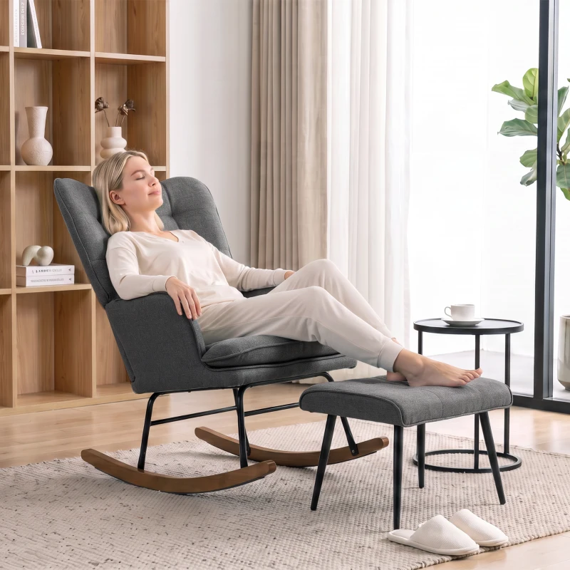 HOMCOM Conjunto de Poltrona Baloiço com Apoio para os Pés Poltrona Relax com Almofada Acolchoada e Anti-Tombo 64x89x90 cm Cinza