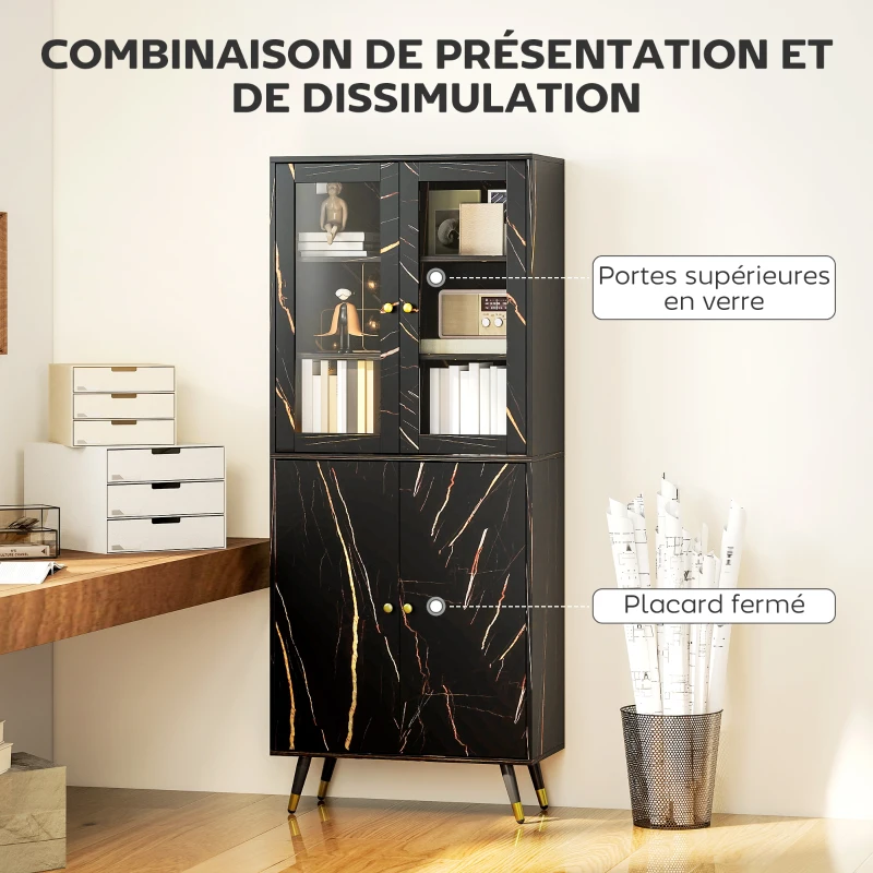 HOMCOM Bibliothèque, étagère à 6 niveaux, meuble de rangement 6 étagères ouvertes porte vitrée et placard 70 x 35 x 170 cm noir