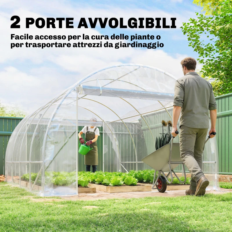 Outsunny Serra a Tunnel 3x4x2 m con Porte Avvolgibili, Telaio in Acciaio e Copertura in PE Anti-UV, Trasparente