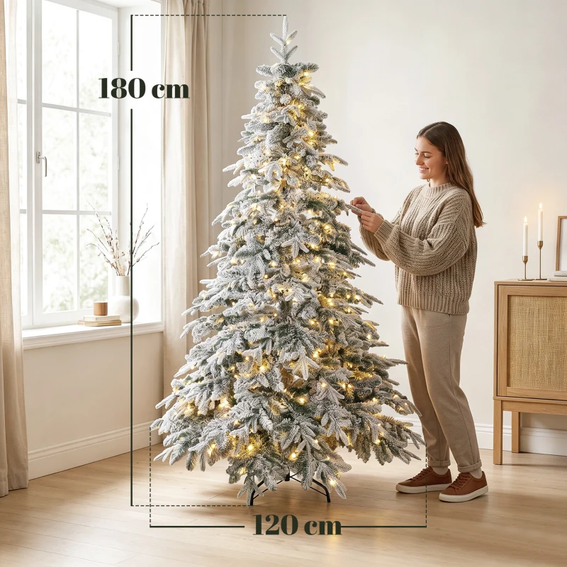HOMCOM Árvore de Natal Nevada 180cm com 350 Luzes LED Branco Quente Timer Telecomando 8 Modos 740 Ramos Retardantes de Chama