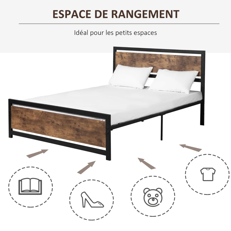 HOMCOM Cadre de lit double en acier avec sommier et tête de lit compatible matelas 200 x 160 cm aspect bois foncé