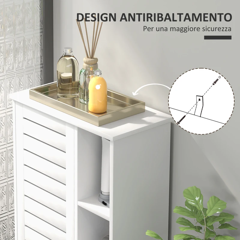 HOMCOM Mobile Bagno con Armadietto Chiuso a 3 Livelli e 3 Ripiani Aperti, in Legno Bianco, 48x24x96.5 cm