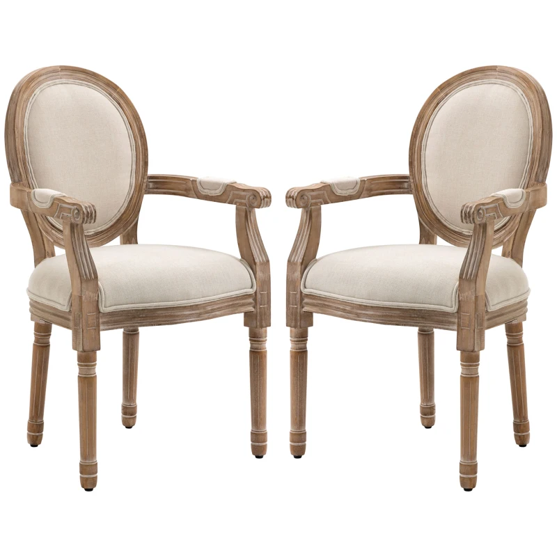 HOMCOM Lot de 2 chaises de Salle à Manger Chaise de Salon médaillon Style Louis XVI Bois Massif patiné sculpté Tissu Lin Crème