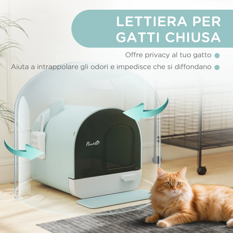 PawHut Lettiera per Gatti Chiusa con Filtri, Paletta e Vassoio, Struttura in PP, 43x44x47cm, Verde