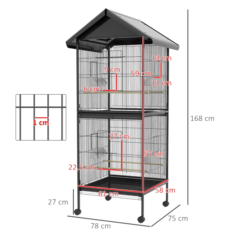 PawHut Voliera per Uccelli a Rotelle con Vassoi Estraibili in Plastica e Posatoi, in Metallo, 71.8x71.8x170.2 cm, Nero