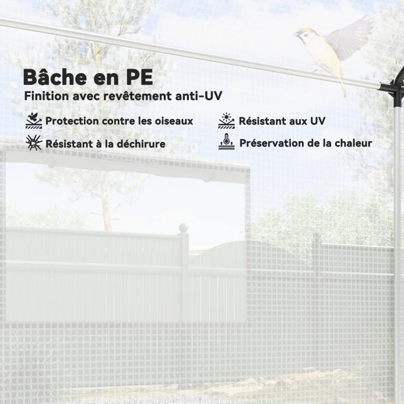 Outsunny Serre de jardin tunnel 2 x 3m, 6m² avec porte enroulable, 4 fenêtres, - Acier galvanisé PE Haute densité Blanc