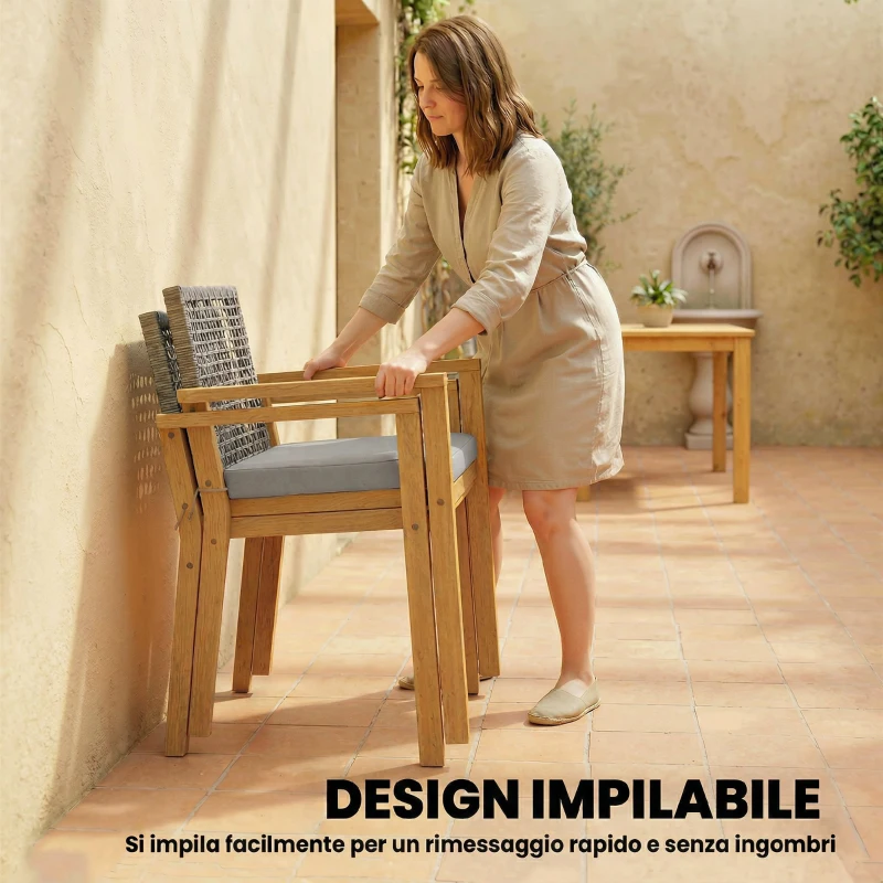 Outsunny Set 2 Sedie da Giardino Impilabili in Legno di Acacia con Cuscini, 59x55x86 cm, Grigio e color Legno
