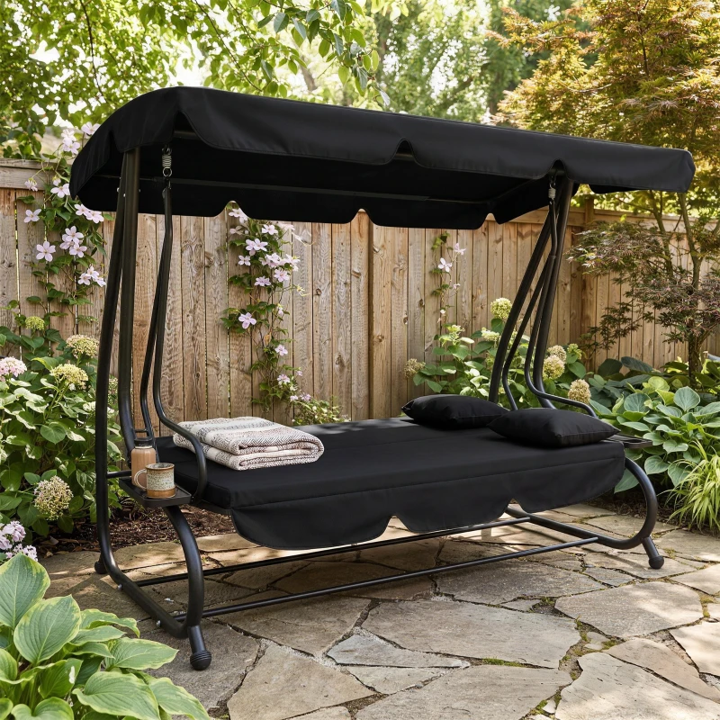 Outsunny Three-Person garden Swing Chair, with Adjustable Canopy - Black