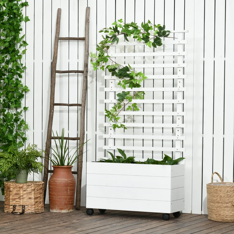 Outsunny Jardinera con Enrejado de Madera Maciza Soporte con 4 Ruedas Celosía y Malla Geotextil 76x30x155 cm Blanco