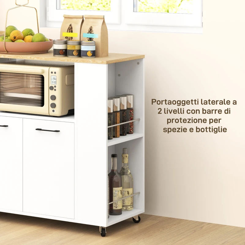 HOMCOM Carrello Cucina in Legno con Ripiano Aperto, Armadietto e Scaffale Laterale, 75x40x80.5 cm, color Rovere e Bianco
