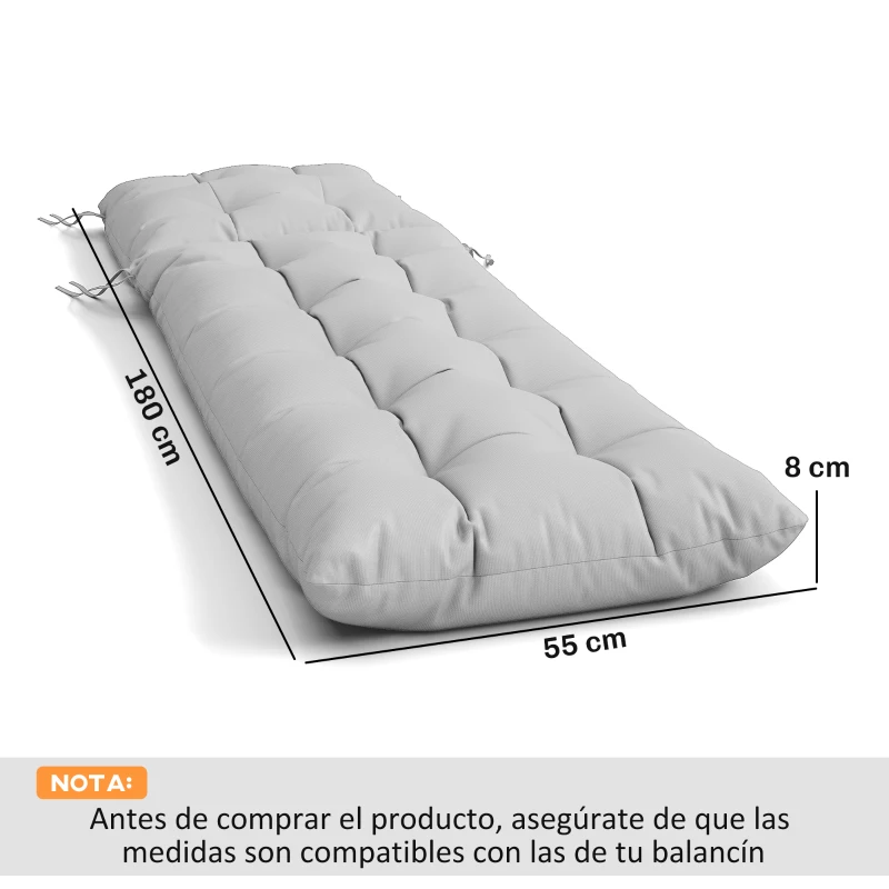 Outsunny Juego de 2 Cojines para Tumbonas 180x55 cm Cojines para Sillas de Jardín Gruesas UPF30+ con 4 Cintas Gris Claro