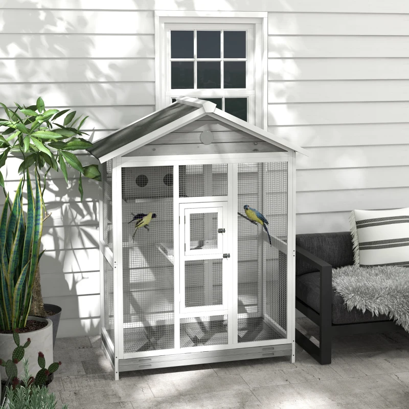 PawHut Grande cage oiseau volière à oiseaux intérieur exterieur, 4 perchoirs 112 x 68 x 154 cm gris(m-10)