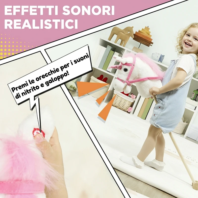 AIYAPLAY Cavallo con Bastone Unicorno per Bambini 24+ Mesi con Suoni Realistici e Ruote, 95x25x27 cm, Bianco