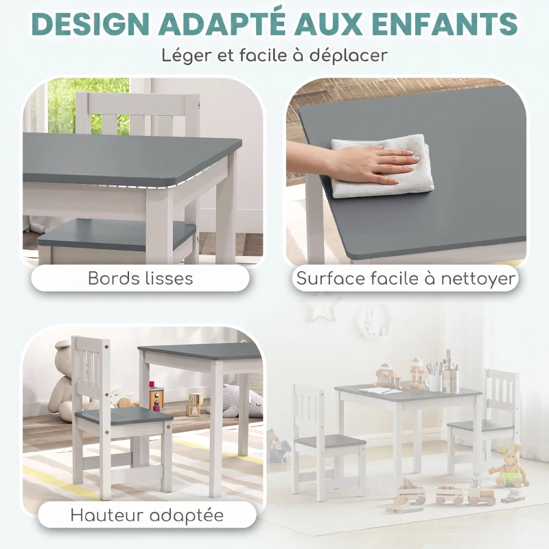 AIYAPLAY Table enfant avec chaise, lot table et 2 chaises enfant en bois pour dessiner, jouer, étudier, 56x52x48cm, gris