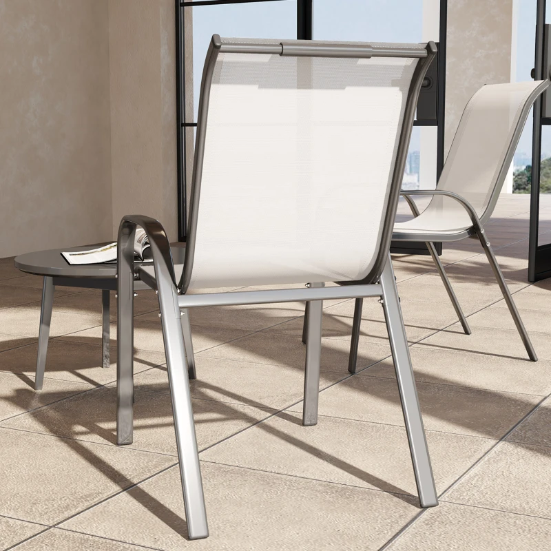 Outsunny Set 2 Sedie da Giardino Impilabili con Braccioli Curvi, in Acciaio e Tessuto Traspirante, 54x71x93 cm, Grigio Chiaro