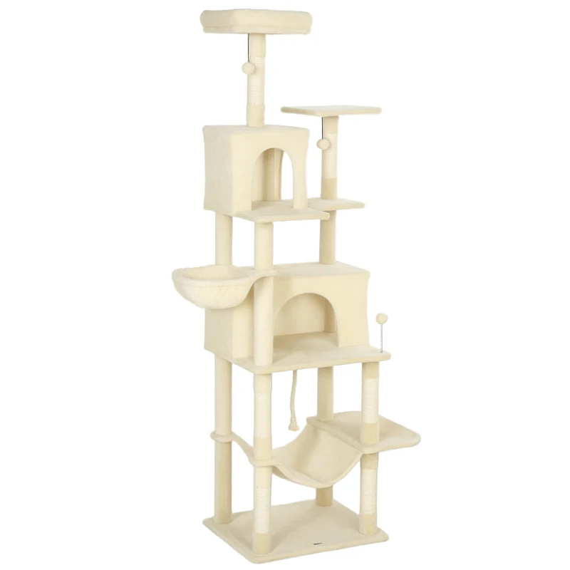 PawHut Árbol Rascador para Gatos con Plataforma Torre Escalador para Gatos con Cama Cuevas Postes de Sisal 60x48x202 cm Beige