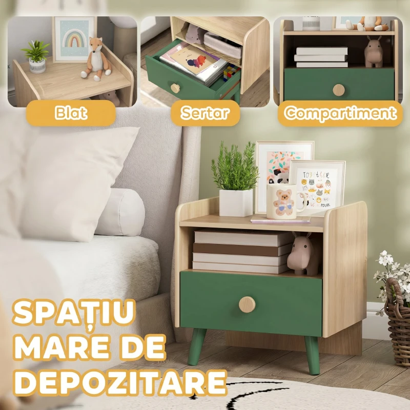 AIYAPLAY Noptieră cu sertar pentru copii 3-10 ani, din MDF și lemn de pin, 40 x 32,5 x 40 cm, verde