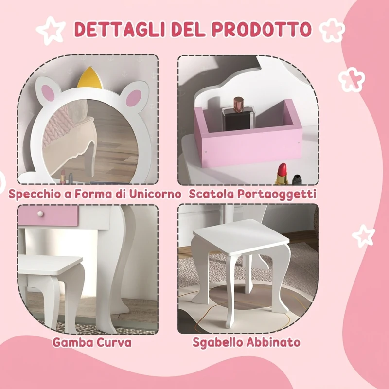 ZONEKIZ Set Toeletta Trucco Bambina con Sgabello, Specchio in Acrilico, 2 Scatole Portaoggetti, Design Unicorno, Rosa
