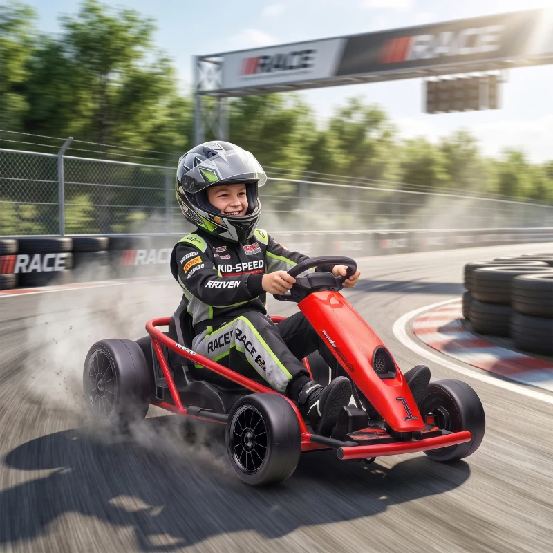 HOMCOM 24V elektrische go-kart voor kinderen, tot 13 km/u, met driftfunctie, 2 motoren, rood, 8-12 jaar