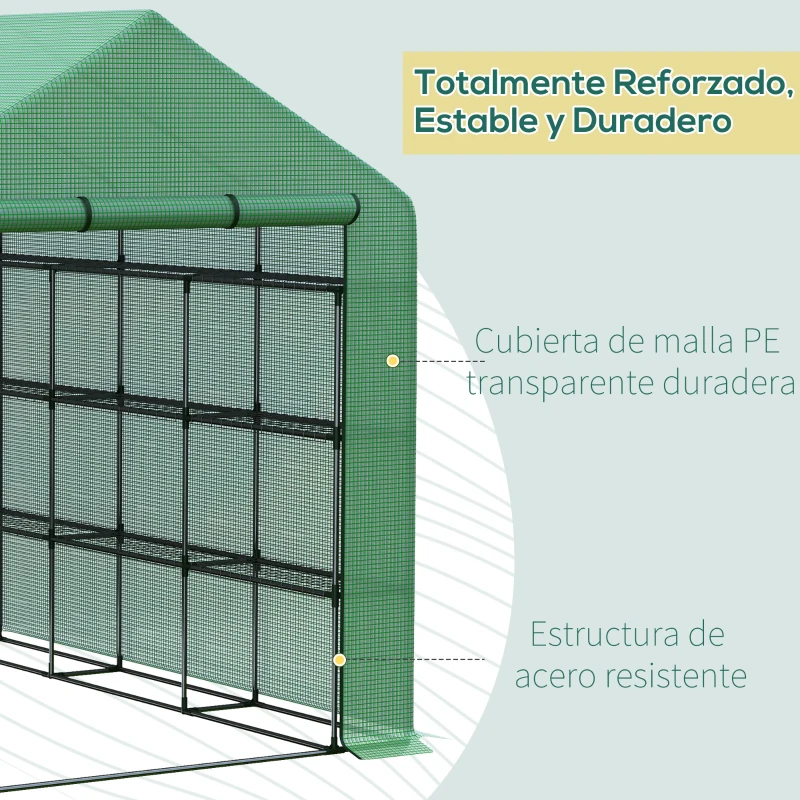 Outsunny Invernadero de Exterior con Estantes de 4 Niveles Puerta con Cremallera y Marco de Acero 244x180x210 cm Verde