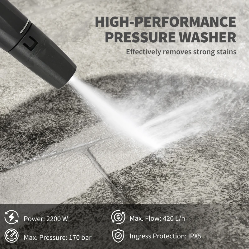 Outsunny 2200W High Pressure Washer, 170 Bar Pressure Washer with Adjustable Nozzle and 6M Hose, 33 x 31.5 x 80.5 cm, Yellow