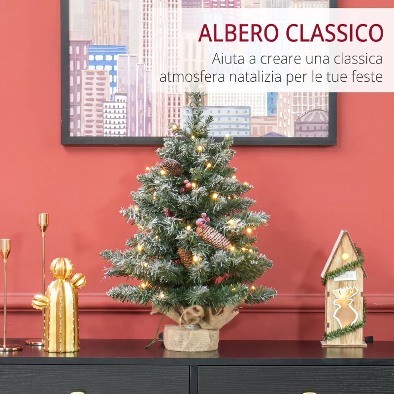 HOMCOM Mini Albero di Natale 60 cm con Luci Incorporate, 86 Rami, Pigne, Bacche Rosse, Base in Cemento, Verde