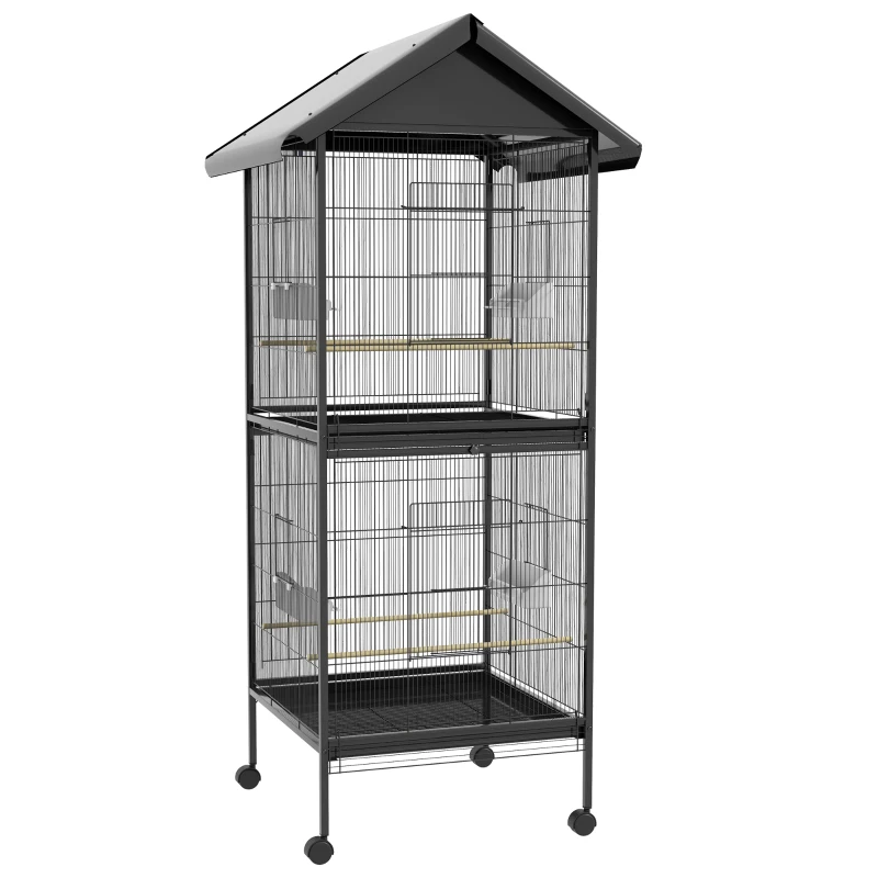 PawHut Jaula para Pájaros Grande de 2 Pisos Convertible en Sola Jaula con Ruedas Comederos 4 Perchas 78x75x168 cm Negro