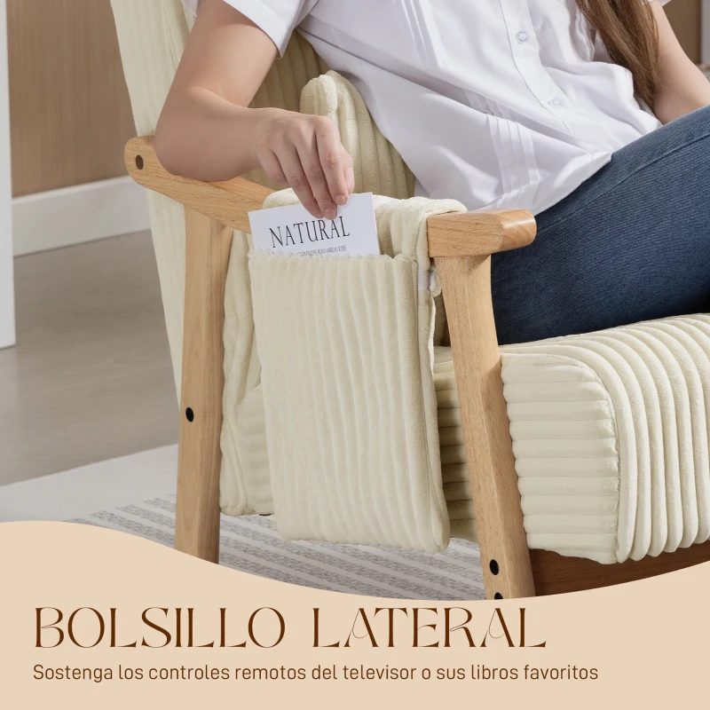 HOMCOM Silla Mecedora de Pana con Cojín Lumbar Patas y Reposabrazos de Madera de Caucho Bolsillo Estilo Moderno Beige