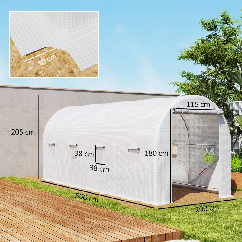 Outsunny Invernadero de Túnel 500x200x205 cm Invernadero de Jardín con Puerta Enrollable y 8 Ventanas Cubierta PE 140 g/m² Blanco