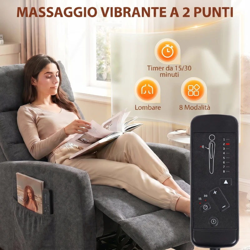 HOMCOM Poltrona Massaggiante e Reclinabile a 160° con Poggiapiedi e Telecomando, 66x91x108 cm, in Ciniglia Grigio Scuro