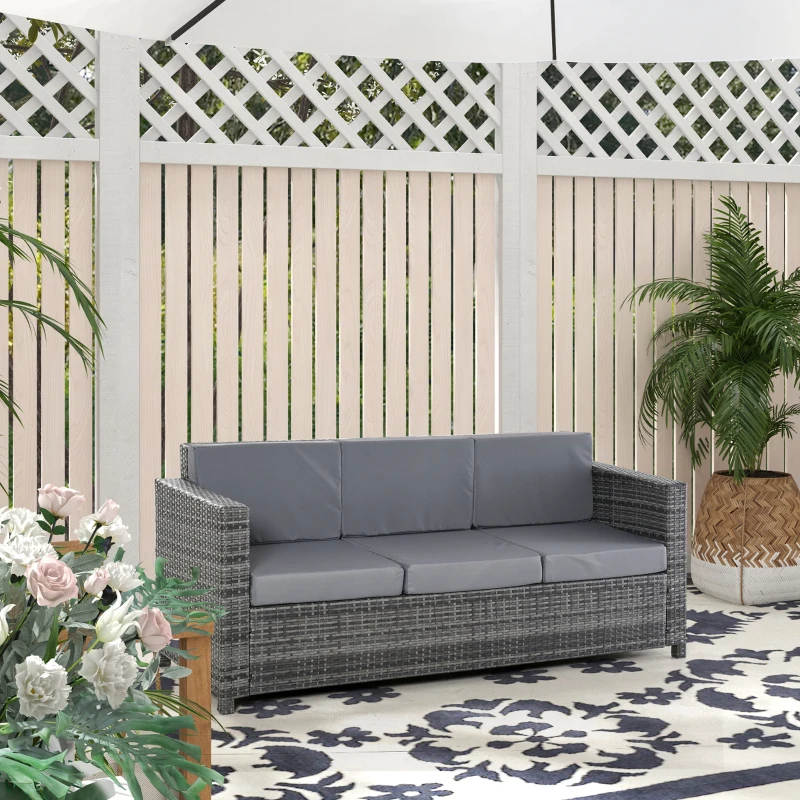 Outsunny Canapea pentru Exterior cu 3 Locuri din Ratan PE, Canapea cu Perne Tapițate și Huse Detasabile, Cadru Metalic pentru Grădină, Terasă și Balcon, 185x70x80 cm, Gri