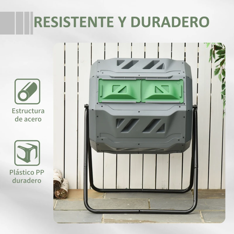 Outsunny Compostador de Tambor Giratorio con Capacidad 160 Litros de Doble Cámara y Ventilación Marco de Acero 71x65x96cm Gris