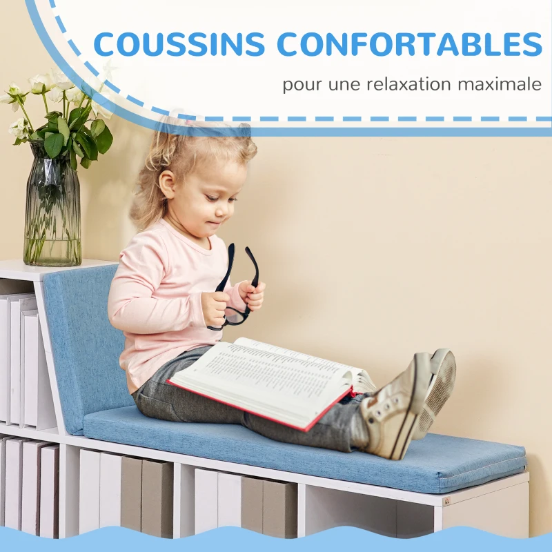 HOMCOM Bibliothèque banc 2 en 1 avec 5 compartiments de rangement et 2 coussins 108 x 30 x 60 cm blanc bleu