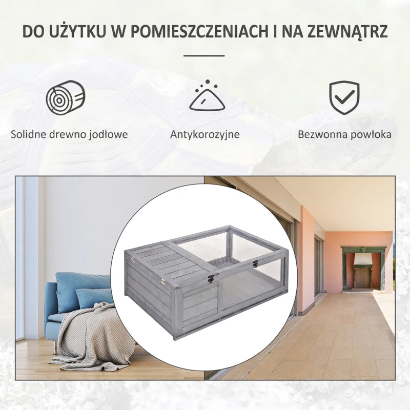 PawHut Całoroczne Mieszkanie dla Żółwia z Strefą Słońca i Snu, Drewniany domek dla żółwi, 91x60,5x32 cm, szary
