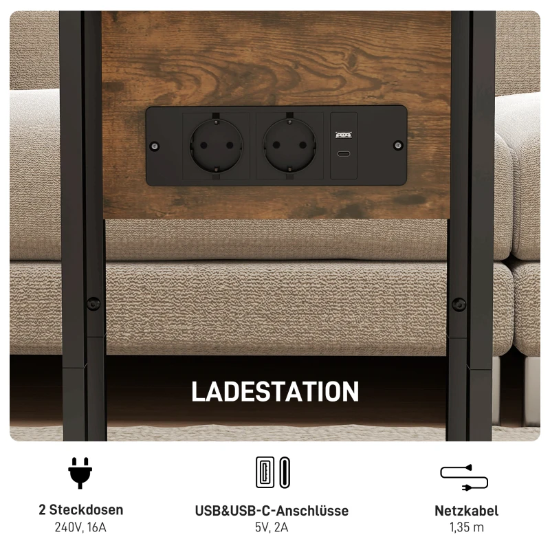 HOMCOM Klappbarer Beistelltisch, Ladestation mit USB-Ports, Metall, 39 x 29 x 57 cm, Braun