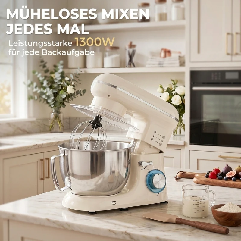 HOMCOM Keukenmachine 4,5 L met RVS-kom, 1300W, 6 snelheden + puls, beige