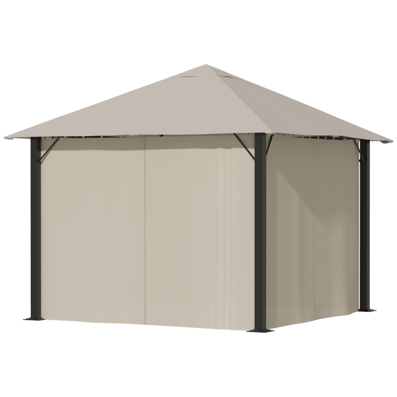Outsunny Gazebo da Giardino 3x3m in Alluminio e Acciaio con Prese d'Aria, Zanzariera e Tende, Cachi