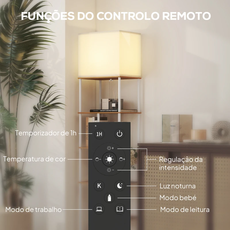HOMCOM Candeeiro de Pé com Prateleiras Brilho e Temperaturas de Cor Ajustáveis 3000K-6500K e Temporizador 40x29x171 cm Branco e Madeira