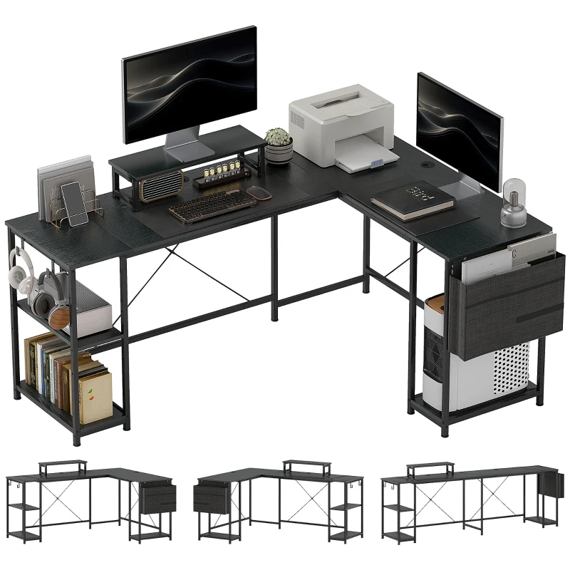 HOMCOM Bureau d'angle modulable réversible 168-240 cm style industriel - étagère réglable, sac de rangement, support d'écran